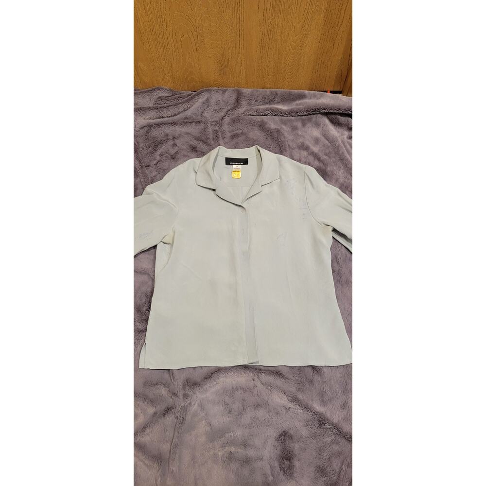 Jones New York 100% Silk Blouse Womens 14 Light Blue Button Up Top (Ink Stains)